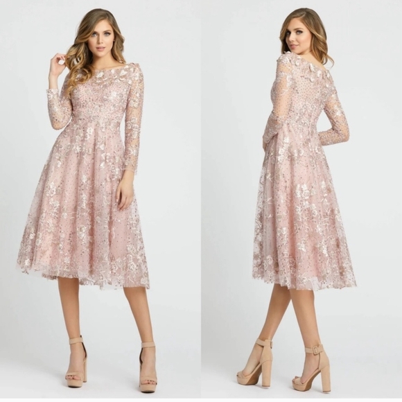Mac Duggal 67501 Beaded Dress Size 16 Rose Pink Lace A-Line Knee Length NWT